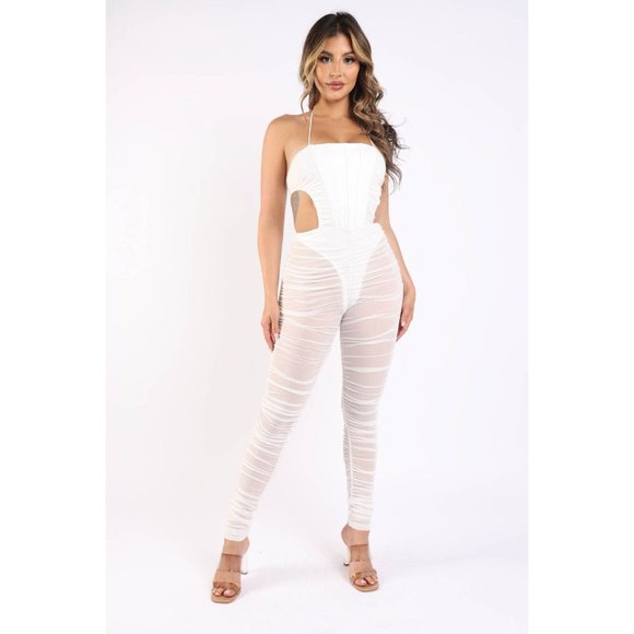 Boutique Pants - Women's Ruched Mesh Jumpsuit Corset Detail Sexy Casual Party Club Bar Lounge